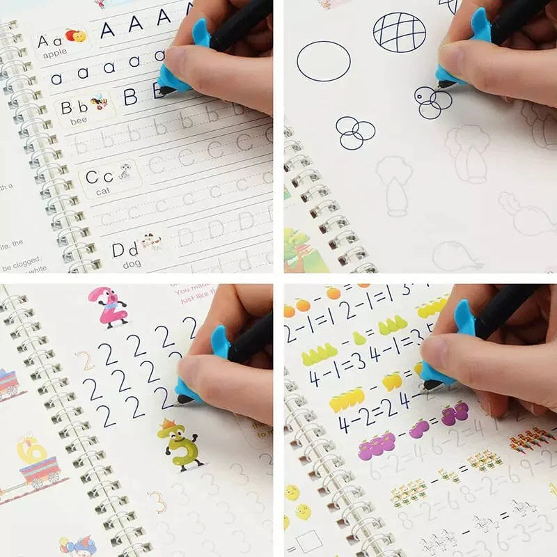Kids Magic Practice Book (4 Books + 1 Pen + 1 Grip + 8 Refill)